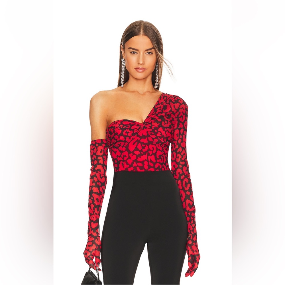 MAJORELLE Red and Black Leopard One-Shoulder Bodysuit